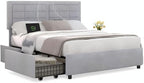 VECELO Full Size Bed Frame with 4 Drawers, Adjustable Tufted Button Headboard, Upholstered Platform with Wood Slats Support, Built-in USB and Type C Ports, Light Gray