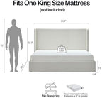 King Size Upholstered Platform Bed Frame, 52.3" High Headboard Carmen Wingback Beds, Tall Headboard King Floor Bed Frames, No Box Spring Needed No Noise, Minimalist, Textured Ivory