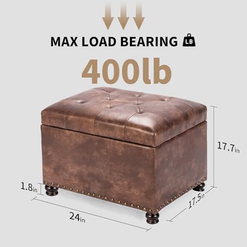 Joveco Leather Storage Ottoman, 24" Rectangle Tufted Square Upholstered Bench, Foot Rest Stool with Wood Legs, Footstool for Living Room Bedroom, Coffee