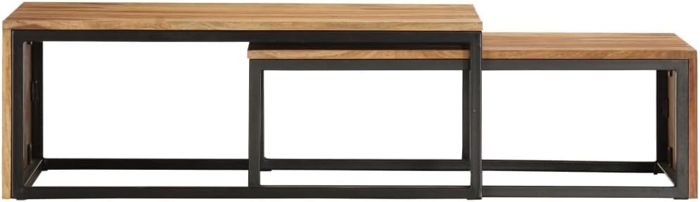 Nesting Tables 2 pcs Solid Acacia Wood | Powder Coated Steel Frame, Stackable Design, Easy Assembly, Vintage Style for Living Room