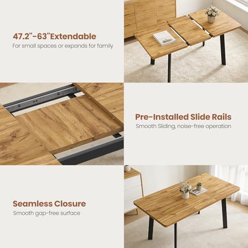 47.2"-63" Expandable Dining Room Table Set for 4-8 People, Walnut | Removable Extension Leaf, Durable MDF Rectangle Top, 6 Beige Sleek Faux Leather Chairs, Heavy Duty Modern Kitchen Table Set