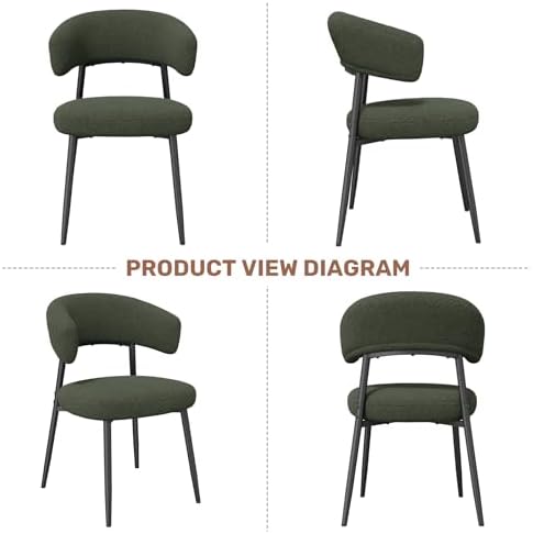 Dining Chairs Set of 6, Mid Century Modern Kitchen Chairs, Boucle Upholstered Dining Chair with Curved Backrest & Metal Legs for Kitchen Dining Room, Green