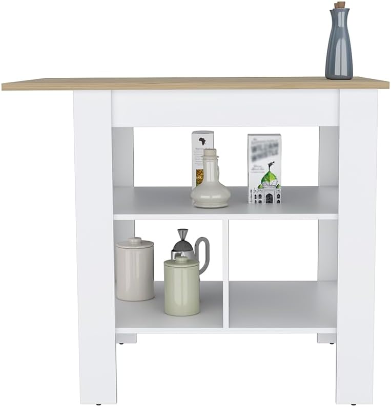 Modern Kitchen Island with Beige Top and Three Shelves | Three low open shelves for extra storage space