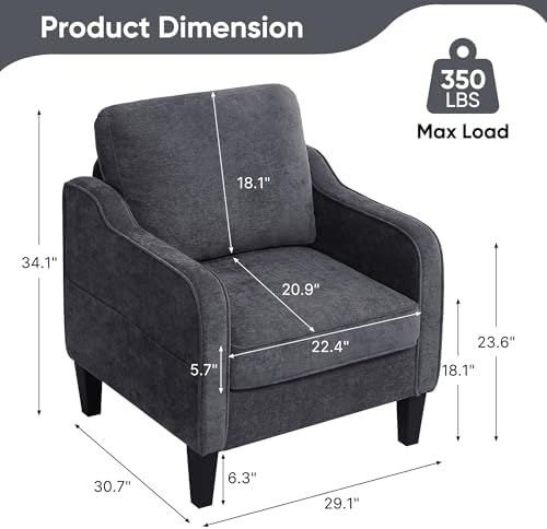 Accent Chair for Living Room, Mid Century Modern Reading Chair for Bedroom, Upholstered Armchair with Side Pockets, Comfy Single Sofa Side Chair for Office, Apartment, Small Room, Dark Grey
