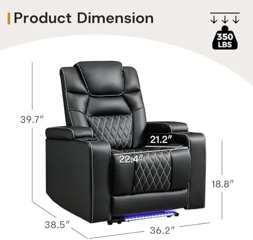 ANJ Power Home Theater Recliner Chair Set of 2, Electric Movie Theater Seating Reclining Chairs with Cup Holders for Living Room, Faux Leather with Blue LED, USB Ports, Hidden Arm Storage (Black)