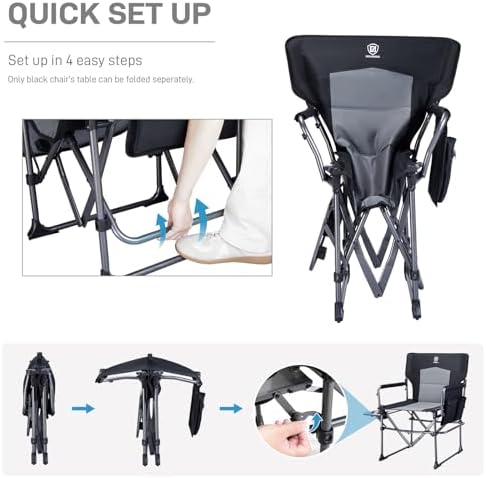 EVER ADVANCED Camping Directors' Chair with Side Table, Portable Folding with Compact Size, Heavy Duty Lawn Chair with Pocket for Camping, Lawn, Sports and Fishing, 400lbs, Black