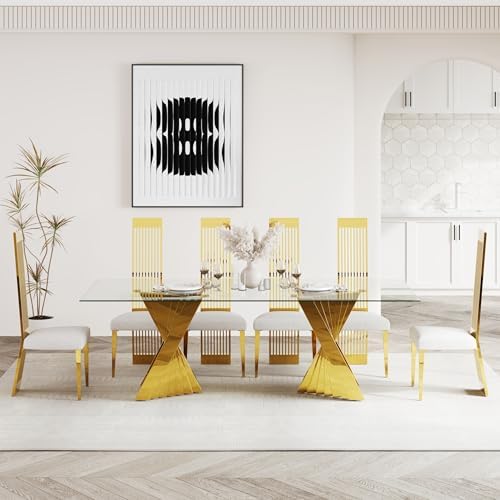 Dining Chairs Set of 6, Luxury Upholstered Boucle Chairs with Slatted Mirrored Polished Metal High Back and Legs, Modern White and Gold Dining Chairs with Breathable Backrest
