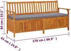 Black Acacia Wood Storage Bench Rectangular, 67 in Outdoor Storage Bench with Cushion, Black and Brown Patio Seating for Three