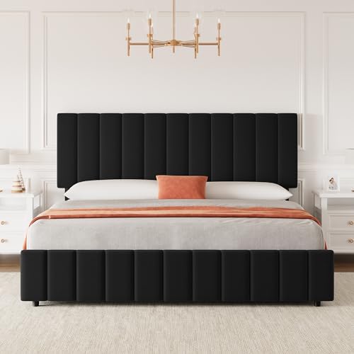 Garvee Full Size Bed Frame, Linen Bed Frame with 4 Storage Drawers, Black