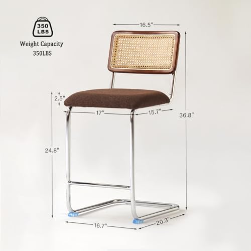 GrandNoor Natural Rattan Counter Height Stools Set of 3 with Solid Wood Back, 24 Inch Mid Century Modern Cesca Bar Stools, Brown Upholstery Boho Stool for Kitchen Counter with Chrome Metal Legs