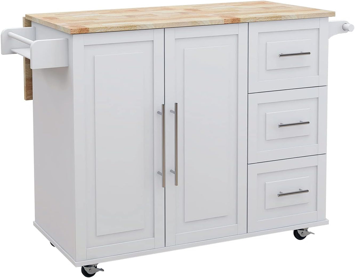 Kitchen Island with Spice Rack, Towel Rack and Extensible Solid Wood Table | Includes extensible solid wood table top and three drawers with cabinet door
