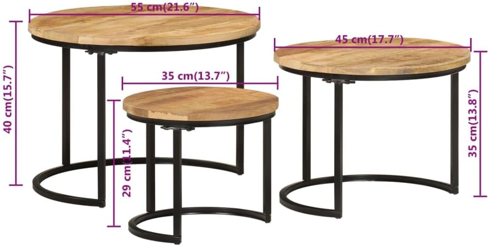 Nesting Tables 3 Pieces Solid Mango Wood | Space-Saving Design, Sturdy Tabletop, Versatile for Living Room, Bedroom, Office