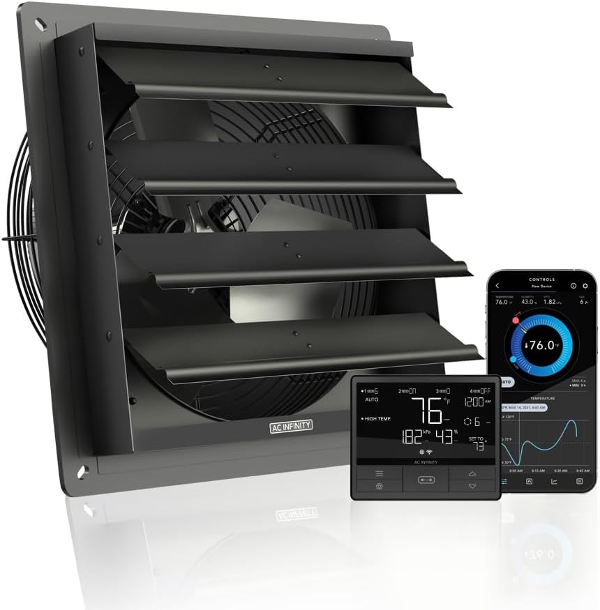AC Infinity AIRLIFT T12, Shutter Exhaust Fan 12" with WiFi Temperature Humidity Controller, EC-Motor Wall Mount Ventilation and Cooling for Sheds, Attics, Workshops, and Greenhouses