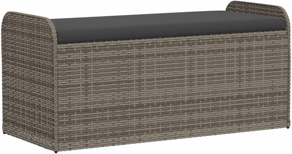 Storage Bench Grey PE Rattan Outdoor Seating Chest with Removable Cushion, 2 Person Woven Patio Garden Furniture for Terrace and Deck, Powder-Coated Steel Frame, 45.3 Inch