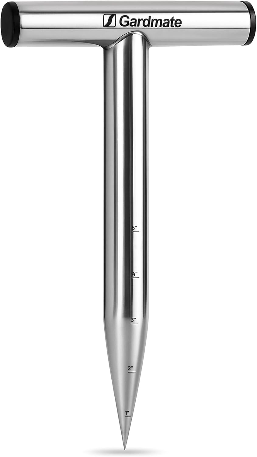 Stainless Steel Hand Dibber with Depth Markings & T-Handle, Rust-Resistant Bulb Planter Tool for Seeds, Seedlings & Bulbs – Ergonomic Design for Garden & Lawn
