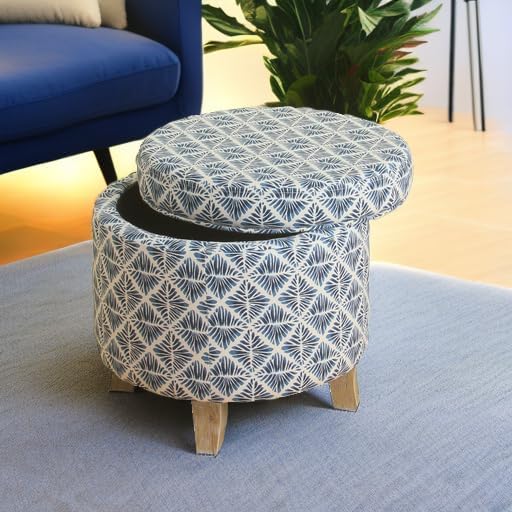Homepop Home Decor | Upholstered Round Storage Ottoman | Ottoman with Storage for Living Room & Bedroom with Flared Legs, Navy Blue Geometric Pattern Large