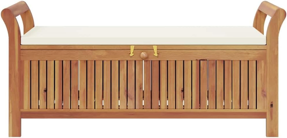 Outdoor Storage Bench with Cream Cushion, 49.6 Inch Acacia Wood Garden Seating with Under Seat Storage, Weather-Resistant Patio Entryway Furniture for Backyard Deck