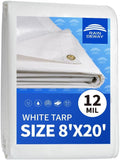 12 Mil Heavy Duty White Tarps 8' X 20', Extra Thick,Durable,Waterproof, UV Resistant, Weatherproof Poly Tarp,with Metal Grommets and Reinforced Edge (Finished Size)-by Raindeway