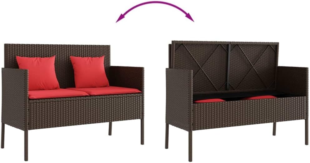 Brown Poly Rattan Patio Storage Bench with Cushions, Outdoor Seating with Waterproof Bag and Gas Spring Lid