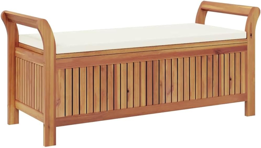 Outdoor Storage Bench with Cream Cushion, 50 Inch Solid Acacia Wood Garden Seating for Backyard, Patio, Deck, Porch, Deck Box with Storage Space