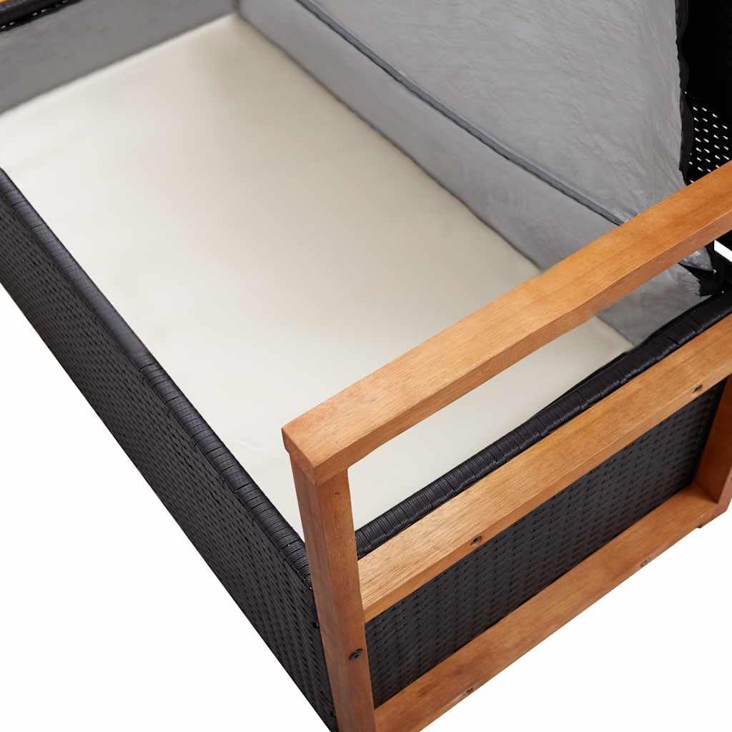 Poly Rattan Patio Storage Bench 45.3 Inch with Solid Acacia Wood Armrests, Removable Seat Cushion, Large Storage Space for Outdoor Garden