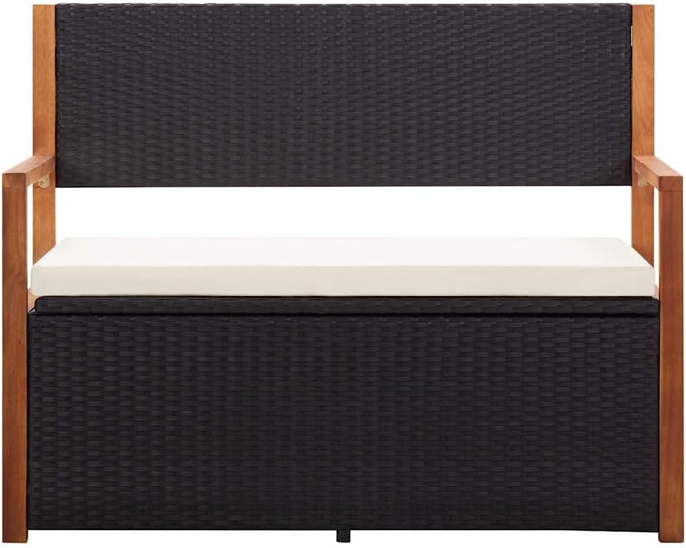 Outdoor Storage Bench with Solid Acacia Wood Accents and Comfortable Cushion, 45.3 inch Poly Rattan Garden Seating for Patio, Deck, and Backyard Organization