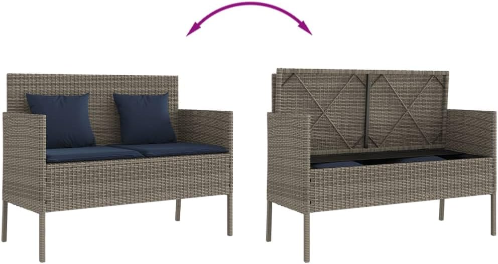 Gray Poly Rattan Patio Storage Bench with Cushion, Outdoor Seat with Waterproof Storage Bag for Cushions and Towels