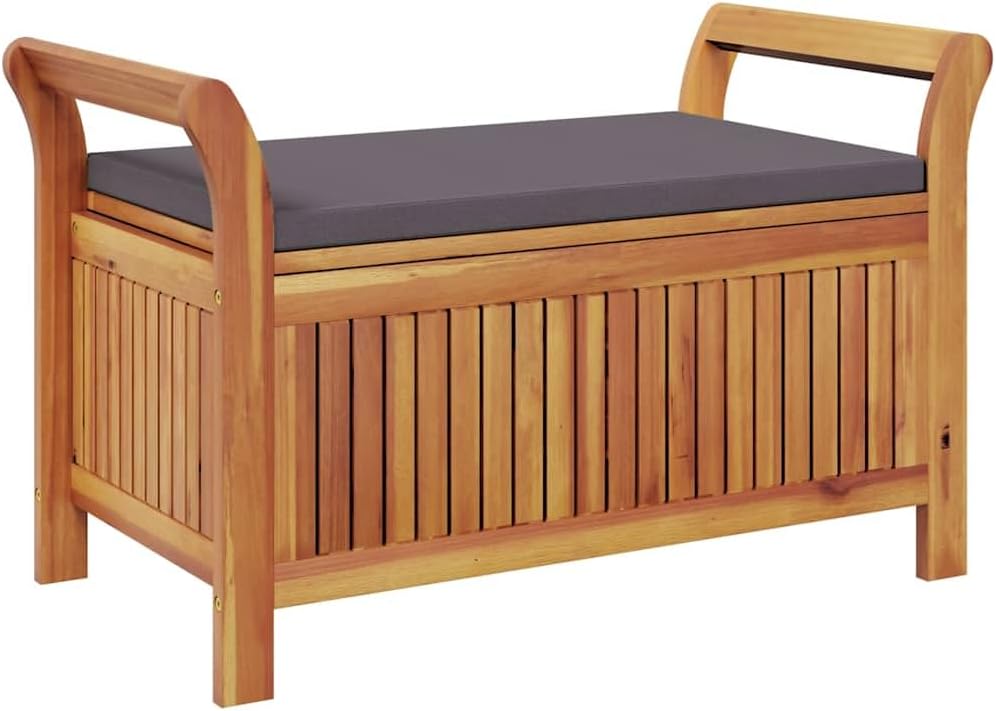 Garden Storage Bench with Cushion, Solid Acacia Wood Outdoor Storage Bench, Comfortable Seating and Ample for Garden Tools