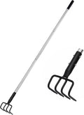 Long Hand Cultivator, Carbon Steel & Stainless Steel Tiller Cultivator, Garden Cultivator with Telescopic Handle and Soft Handle Cover, Hand Tiller for Digging Loosening Weeding