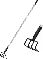 Long Hand Cultivator, Carbon Steel & Stainless Steel Tiller Cultivator, Garden Cultivator with Telescopic Handle and Soft Handle Cover, Hand Tiller for Digging Loosening Weeding