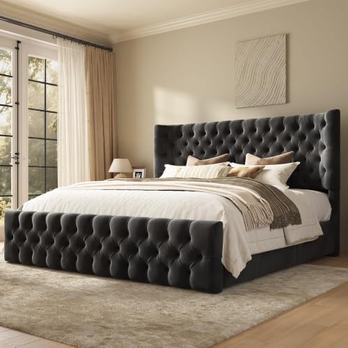 AMERLIFE Upholstered King Bed Frame with Wingback Headboard, Black Velvet