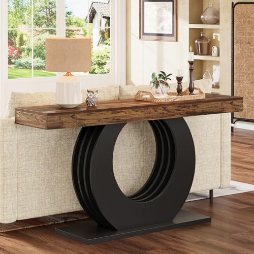 Tribesigns 63-Inch Console Sofa Table, Rustic Industrial Farmhouse Entryway Table, Narrow Long Couch Console Behind Sofa with Black Circle Base for Living Room Hallway, Rustic Brown