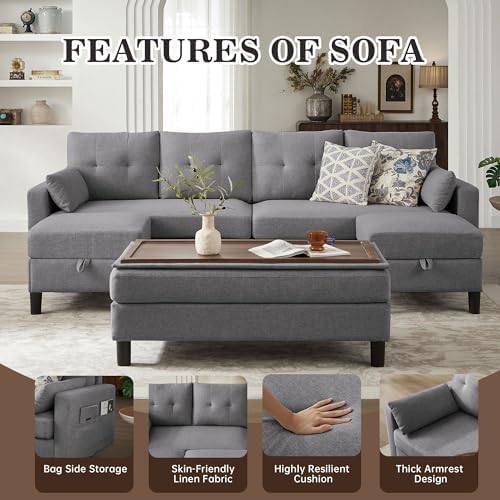 101" Convertible Sectional Sofa with Ottoman Coffee Table, Modern Linen Fabric U-Shaped Couch with Storage Pocket, 4 Seat Sofa Couches for Living Room, Apartment, Office, LightGrey