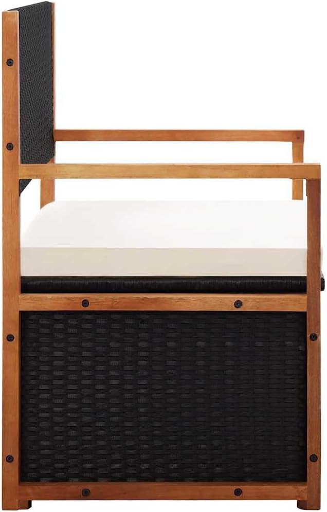 Poly Rattan Patio Storage Bench 45.3 Inch with Solid Acacia Wood Armrests, Removable Seat Cushion, Large Storage Space for Outdoor Garden