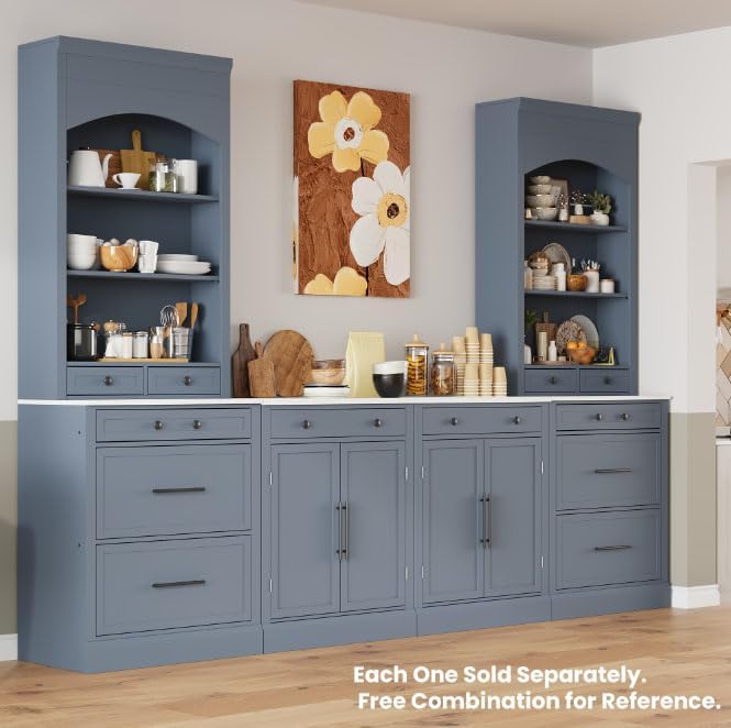 Merax Modern 83.7inch Freestanding Kitchen Hutch with Faux Marble Top, Kitchen Pantry with 5 Storage Drawers and Adjustable Shelf, Gray