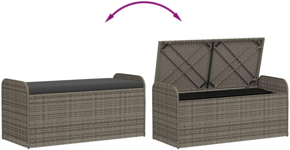 Storage Bench Grey PE Rattan Outdoor Seating Chest with Removable Cushion, 2 Person Woven Patio Garden Furniture for Terrace and Deck, Powder-Coated Steel Frame, 45.3 Inch