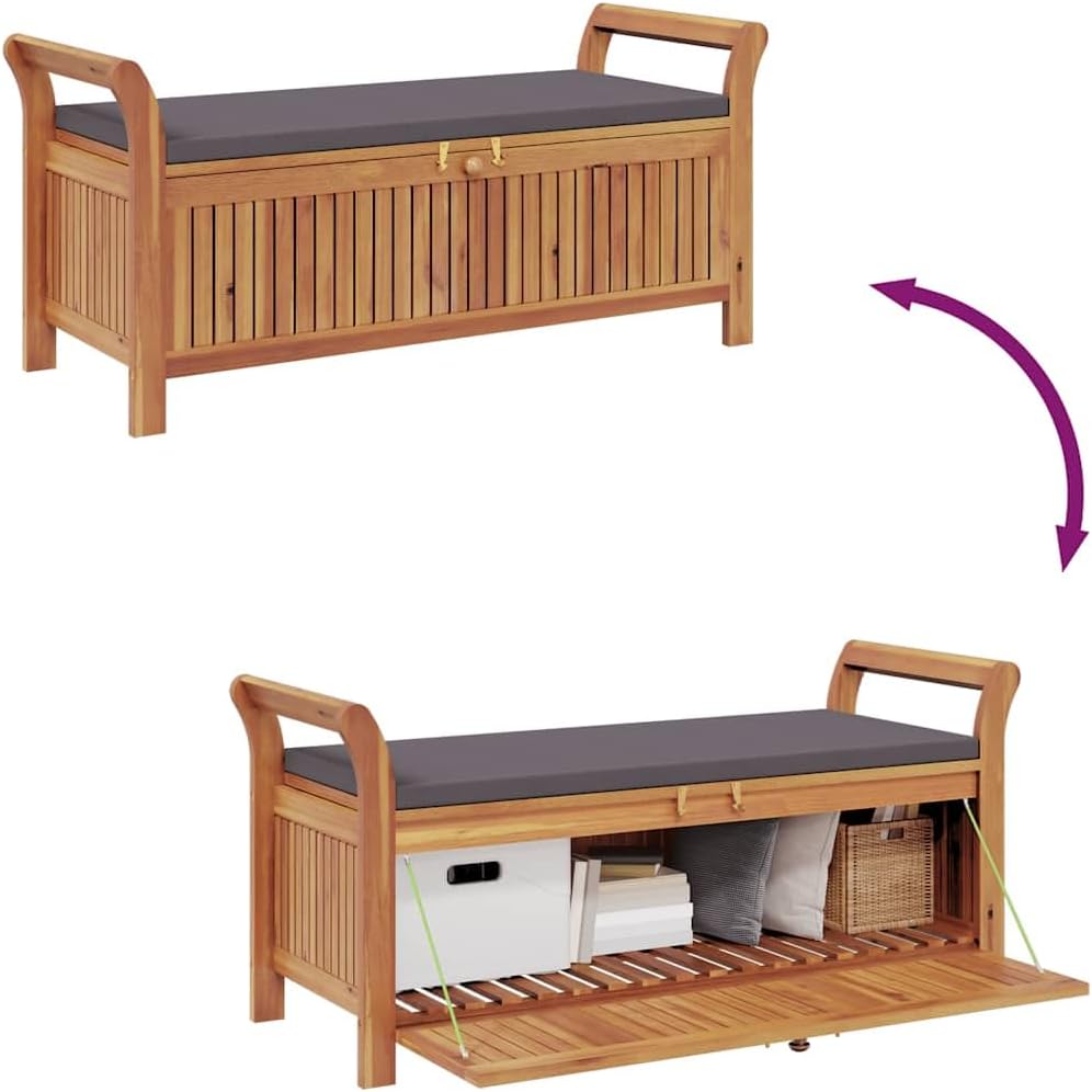 Solid Acacia Wood Patio Storage Bench with Cushion, 49.6 Inch Outdoor Garden Bench with Curved Arms and Ample Storage Space for Cushions, Pillows, Blankets