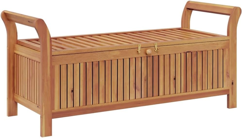 Outdoor Storage Bench with Cream Cushion, 50 Inch Solid Acacia Wood Garden Seating for Backyard, Patio, Deck, Porch, Deck Box with Storage Space
