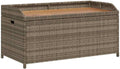 Poly Rattan Storage Bench with Gas Spring Lid, Grey Brown Acacia Wood Seat, Water-Resistant Outdoor Patio Organizer for Cushions and Tools