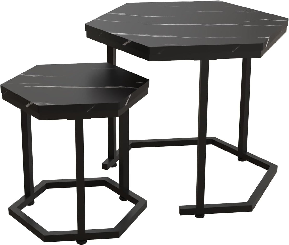 Hexagon Nesting Side Tables Set of 2, Black Marble | Space-saving hexagon nesting side tables set of 2, sturdy metal frame, waterproof MDF top, for living room bedroom