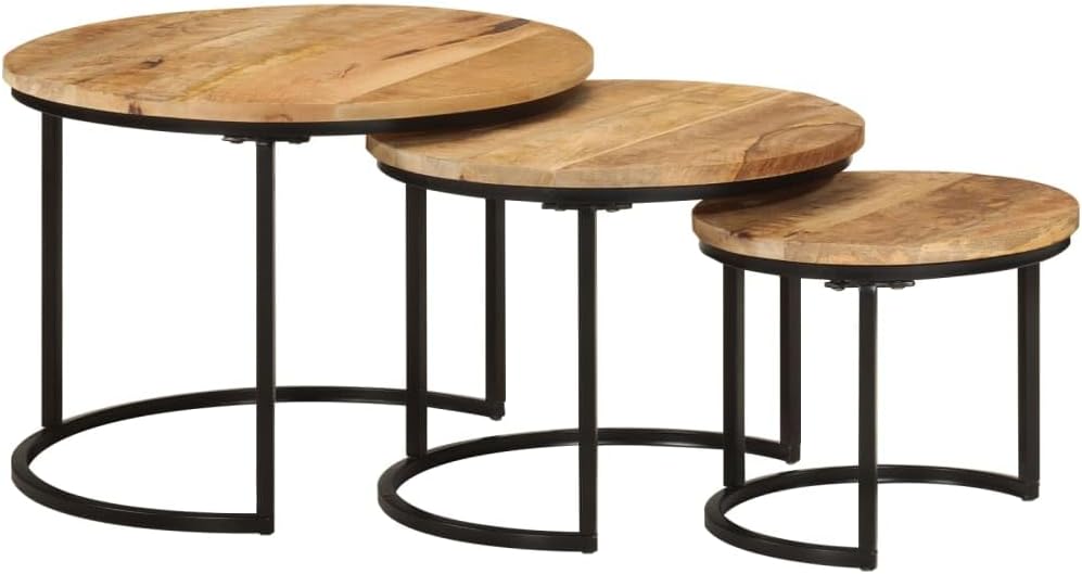 Nesting Tables 3 Pieces Solid Mango Wood | Space-Saving Design, Sturdy Tabletop, Versatile for Living Room, Bedroom, Office