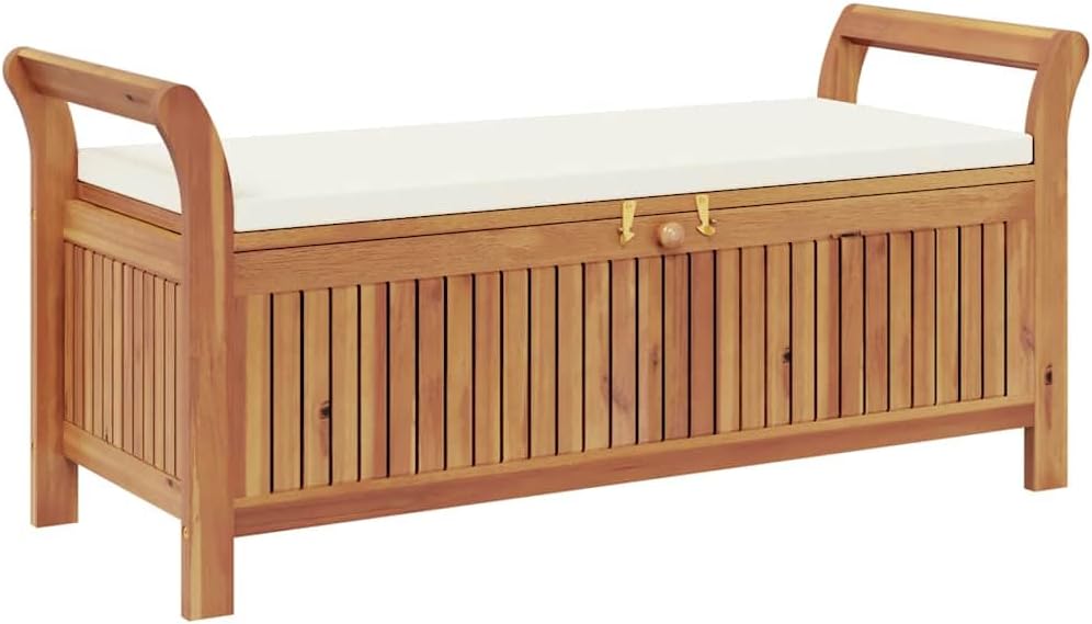 Outdoor Storage Bench with Cream Cushion, 49.6 Inch Acacia Wood Garden Seating with Under Seat Storage, Weather-Resistant Patio Entryway Furniture for Backyard Deck