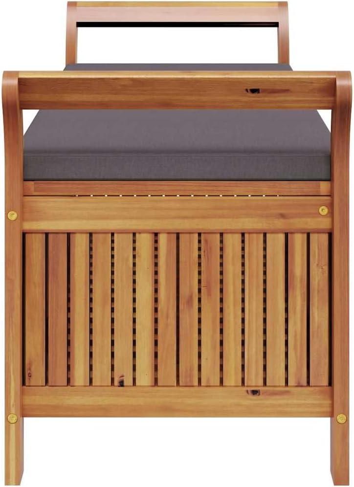 Solid Acacia Wood Patio Storage Bench with Cushion, 49.6 Inch Outdoor Garden Bench with Curved Arms and Ample Storage Space for Cushions, Pillows, Blankets