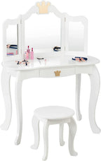 HONEY JOY Kids Vanity, Crown Themed Toddler Dressing Makeup Table and Chair Set w/Drawer & Tri-Folding Mirror, Detachable Mirror, Princess Pretend Play Girls Vanity Set with Mirror and Stool(White)