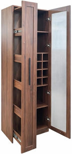 Kitchen Pantry Cabinet with 5-Tier Shelf, Pull-Out Hutch Cabinet with Glass Door & Spice Rack, Freestanding Wine Bar Cabinet with Glass Holder & 8-Bottle Wine Rack for Living Room, Dining Room, Walnut