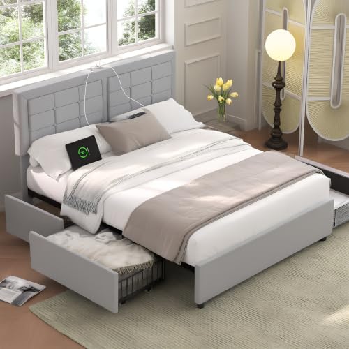 VECELO Queen Size Bed Frame with 4 Storage Drawers & Adjustable Headboard, Built-in Charging Station, Upholstered Bedframe with Wood Slats Support, Light Gray