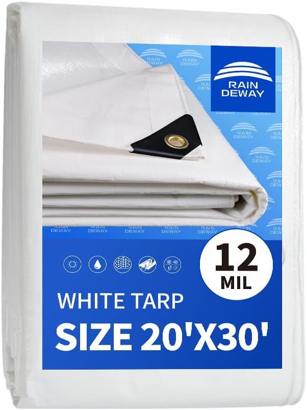 RAINDEWAY 12 Mil Heavy Duty White Tarp 20x30 Feet, UV Resistant, Waterproof, Weatherproof Poly Tarp with Metal Grommets and Reinforced Edges