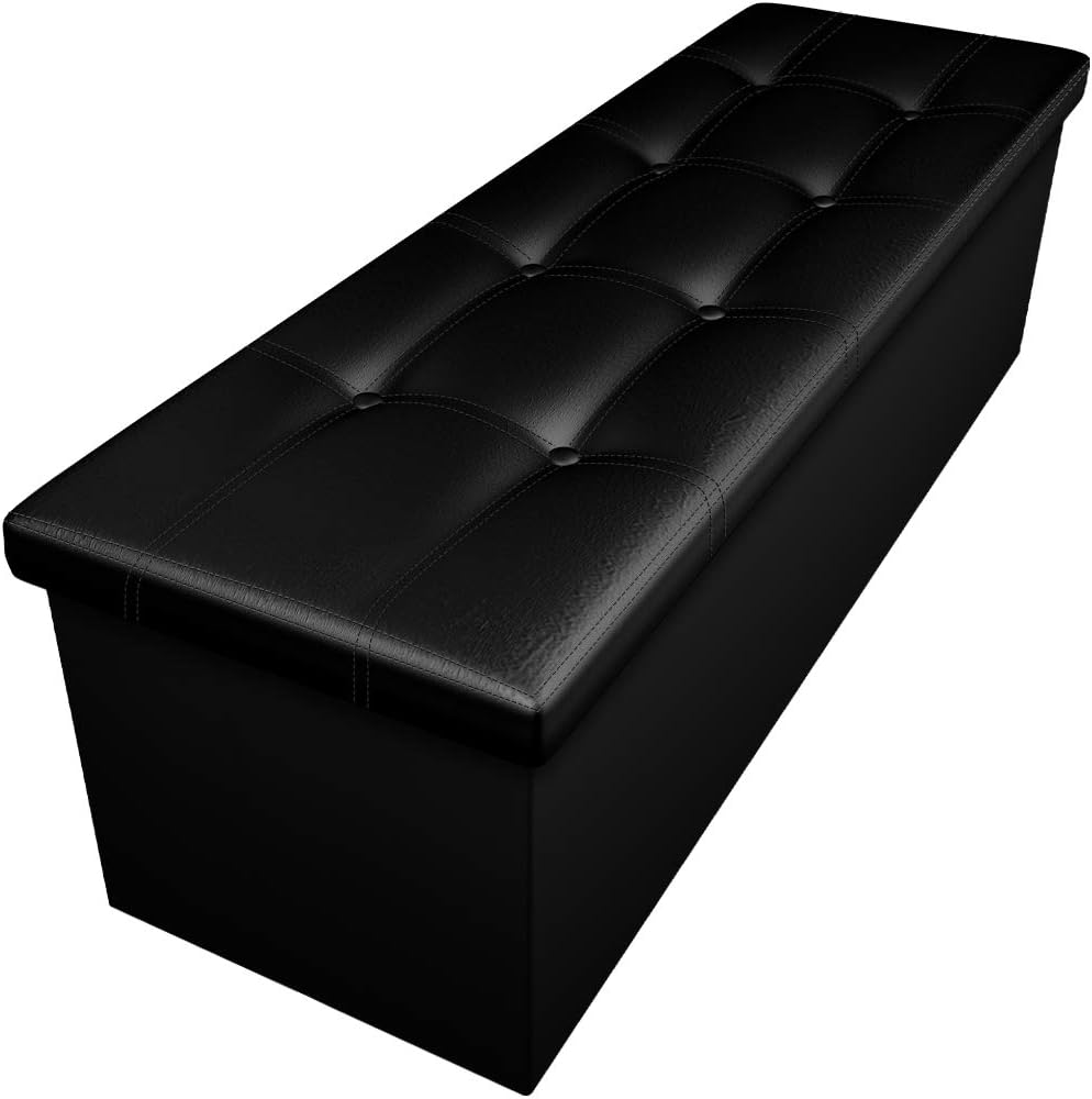 Camabel 43 Inch Folding Storage Ottoman Bench 125L Hold up 700lbs Ottoman with Storage Chest Foam Seat Padded Foot Rest Stool Faux Leather Bedroom Bench with Storage Coffee Table Black