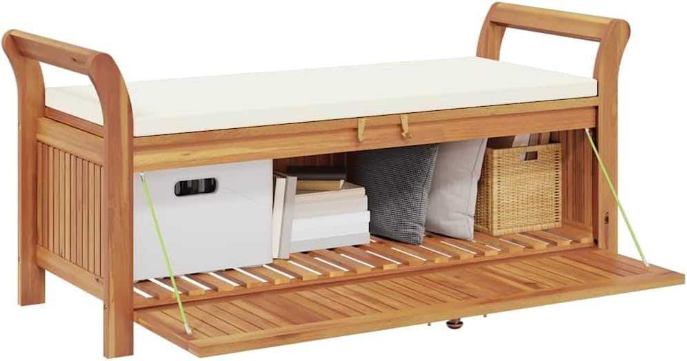 Outdoor Storage Bench with Cream Cushion, 50 Inch Solid Acacia Wood Garden Seating for Backyard, Patio, Deck, Porch, Deck Box with Storage Space