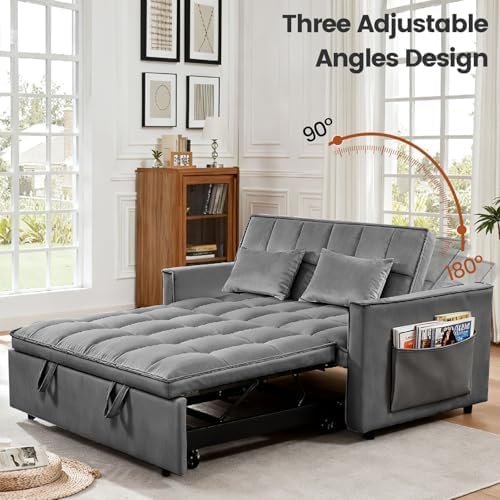54" Convertible Sofa Bed with Adjustable Backrest, Dark Gray | Soft Velvet Sleeper Loveseat with Pull out Bed, Adjustable Backrest, Side Pockets, Ideal for Apartments and Guest Rooms